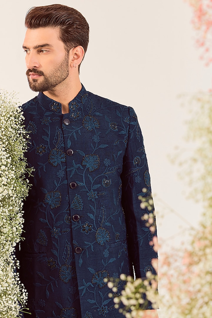 Navy Blue Silk Cutdana & Floral Embroidered Wedding Bandhgala by Kasbah Clothing at Pernia's Pop Up Shop