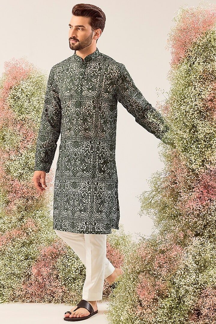 Emerald Green Organza Chikankari Work Kurta by Kasbah Clothing at Pernia's Pop Up Shop