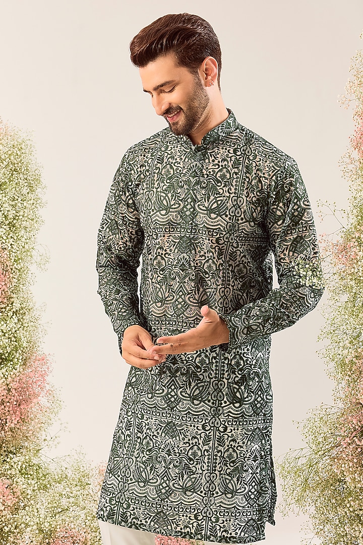 Emerald Green Organza Chikankari Work Kurta by Kasbah Clothing at Pernia's Pop Up Shop