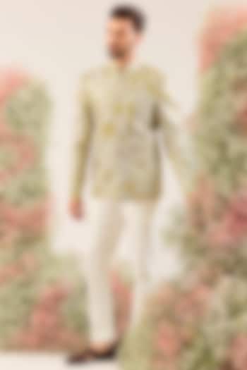 Sage Green Silk Sequin & Floral Embroidered Wedding Bandhgala by Kasbah Clothing at Pernia's Pop Up Shop