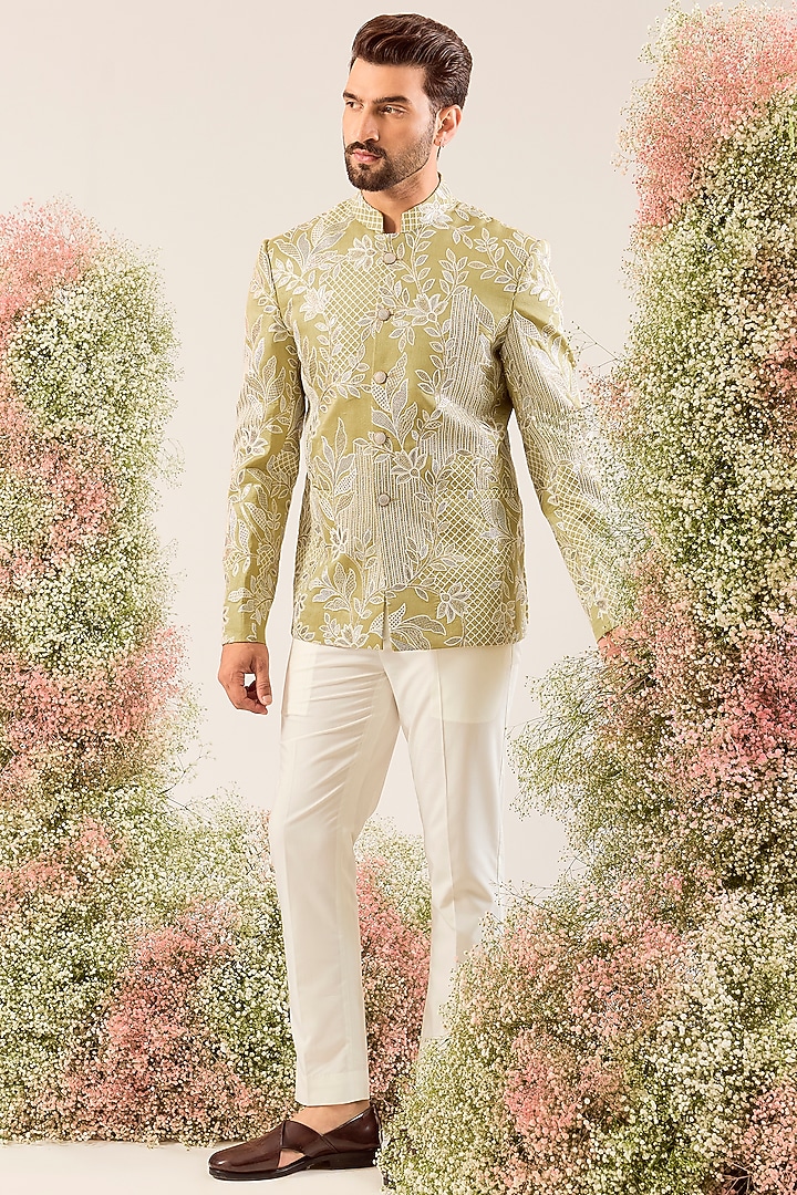 Sage Green Silk Sequin & Floral Embroidered Wedding Bandhgala by Kasbah Clothing at Pernia's Pop Up Shop