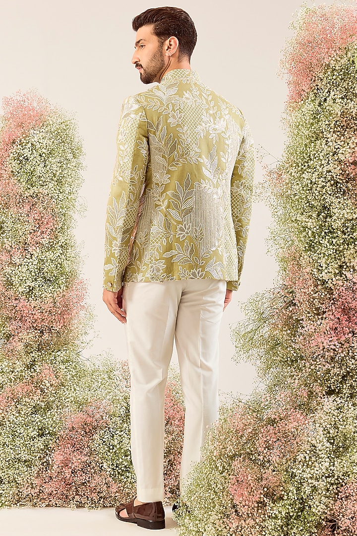 Sage Green Silk Sequin & Floral Embroidered Wedding Bandhgala by Kasbah Clothing at Pernia's Pop Up Shop