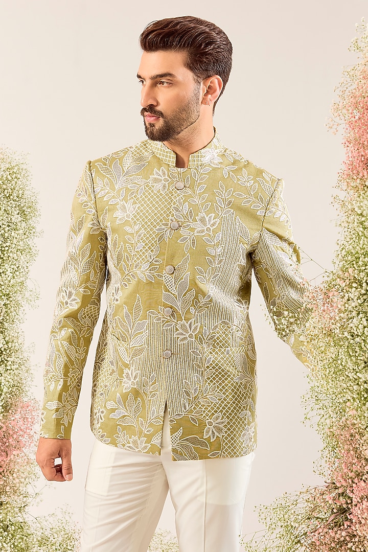 Sage Green Silk Sequin & Floral Embroidered Wedding Bandhgala by Kasbah Clothing at Pernia's Pop Up Shop