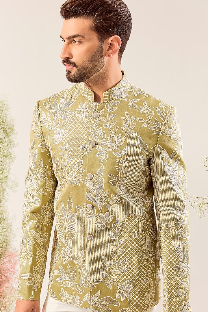 Sage Green Silk Sequin & Floral Embroidered Wedding Bandhgala by Kasbah Clothing at Pernia's Pop Up Shop