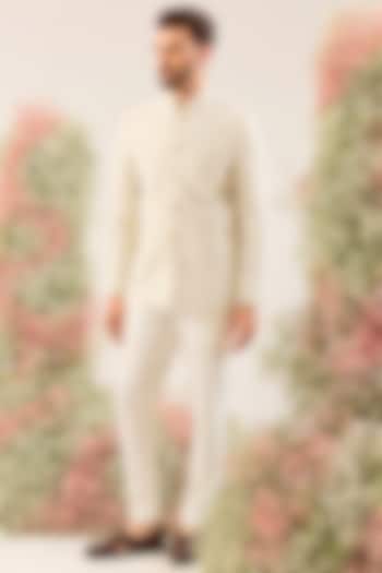 Cream Silk Thread Work Wedding Bandhgala by Kasbah Clothing at Pernia's Pop Up Shop