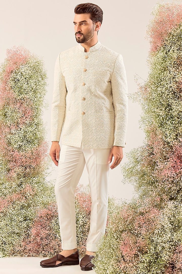 Cream Silk Thread Work Wedding Bandhgala by Kasbah Clothing at Pernia's Pop Up Shop