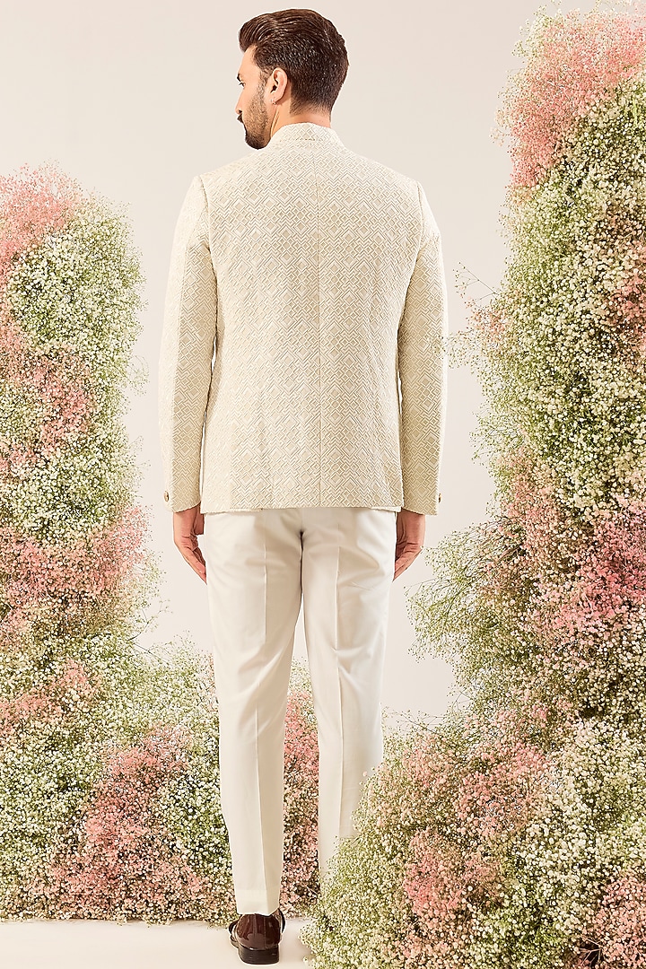 Cream Silk Thread Work Wedding Bandhgala by Kasbah Clothing at Pernia's Pop Up Shop
