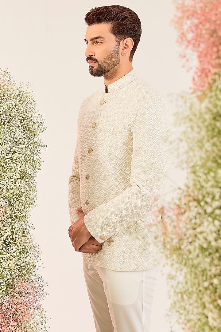 Cream Silk Thread Work Wedding Bandhgala by Kasbah Clothing at Pernia's Pop Up Shop