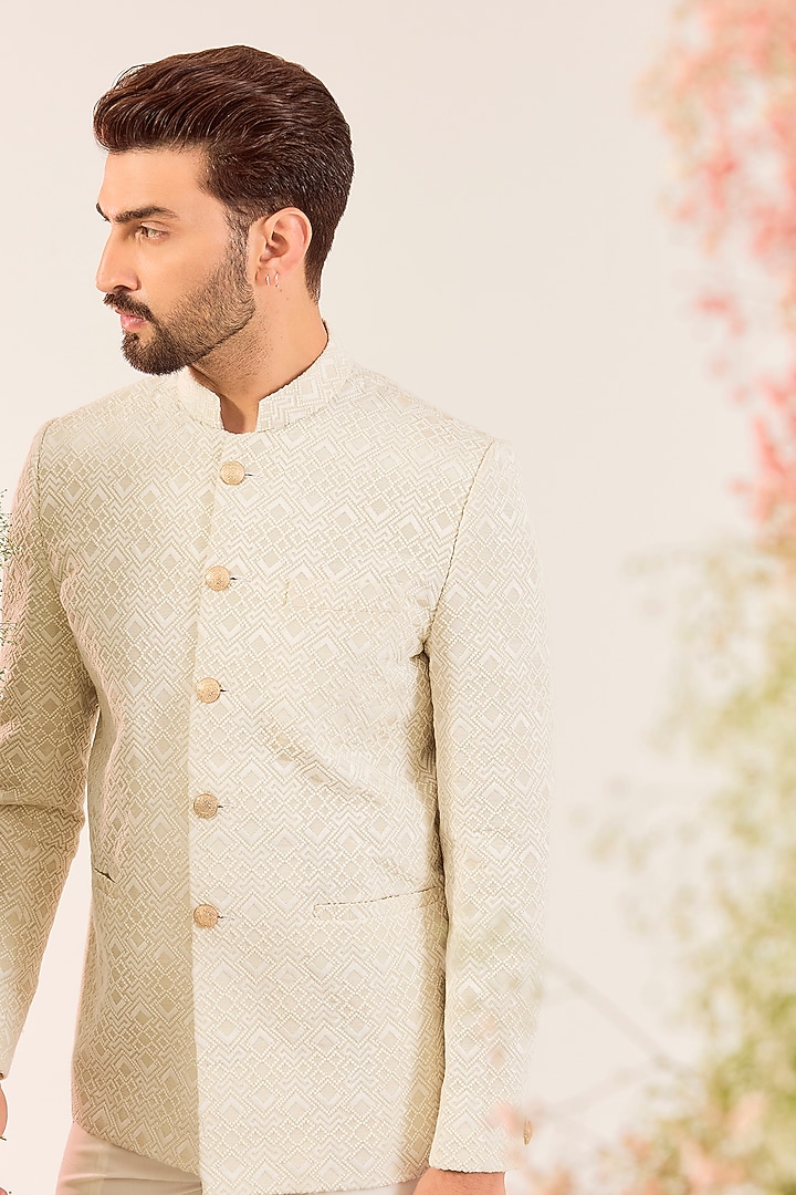 Cream Silk Thread Work Wedding Bandhgala by Kasbah Clothing at Pernia's Pop Up Shop