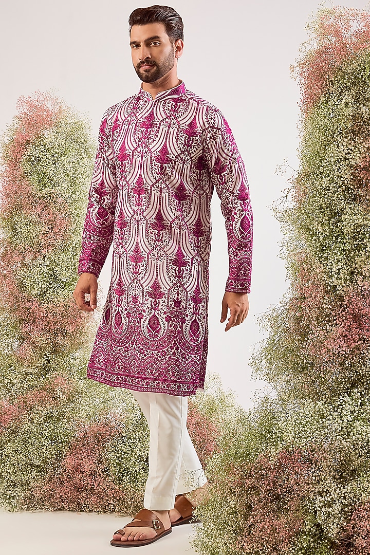 Magenta Organza Chikankari & Sequin Work Kurta by Kasbah Clothing at Pernia's Pop Up Shop