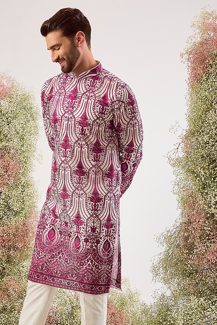 Magenta Organza Chikankari & Sequin Work Kurta by Kasbah Clothing at Pernia's Pop Up Shop