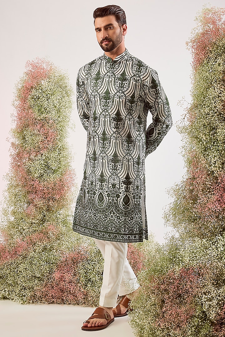Emerald Green Organza Chikankari & Sequin Work Kurta by Kasbah Clothing at Pernia's Pop Up Shop