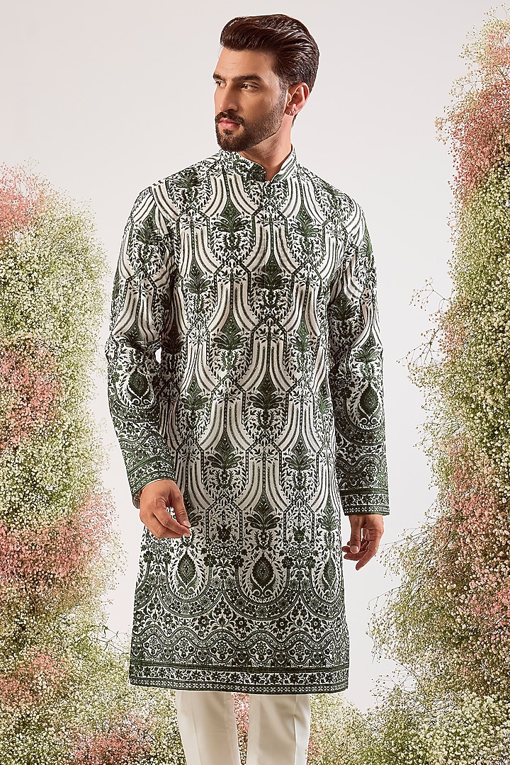 Emerald Green Organza Chikankari & Sequin Work Kurta by Kasbah Clothing at Pernia's Pop Up Shop