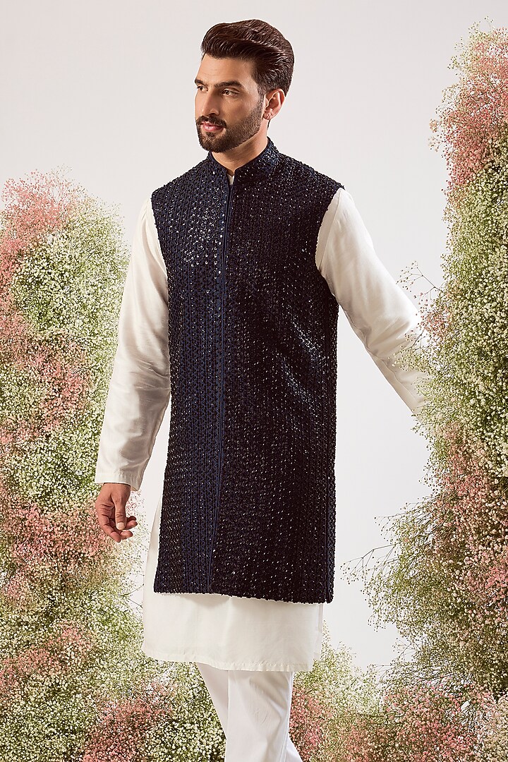 Navy Blue Silk Cutdana Work Long Jacket by Kasbah Clothing at Pernia's Pop Up Shop