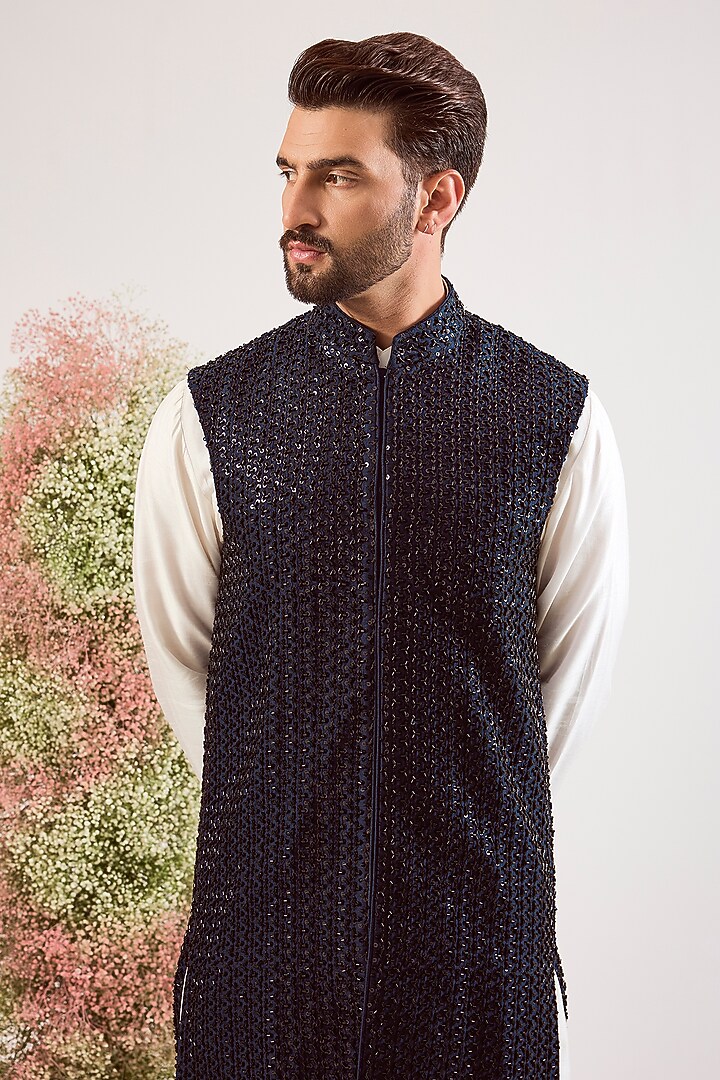 Navy Blue Silk Cutdana Work Long Jacket by Kasbah Clothing at Pernia's Pop Up Shop