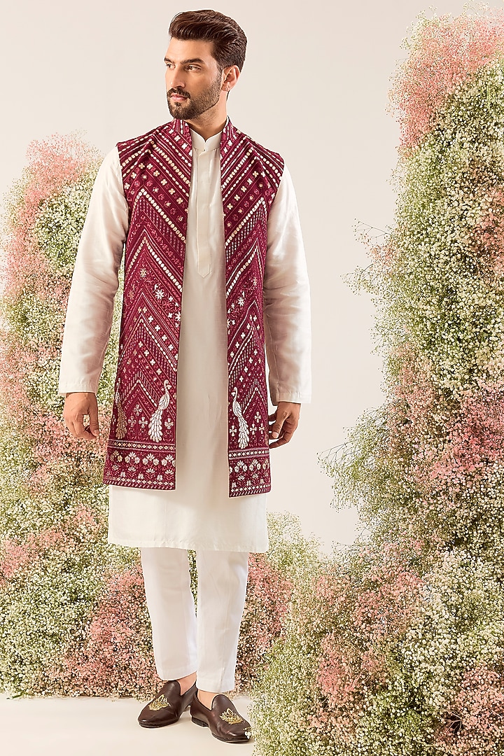 Magenta Georgette Patch Work Long Open Jacket by Kasbah Clothing at Pernia's Pop Up Shop