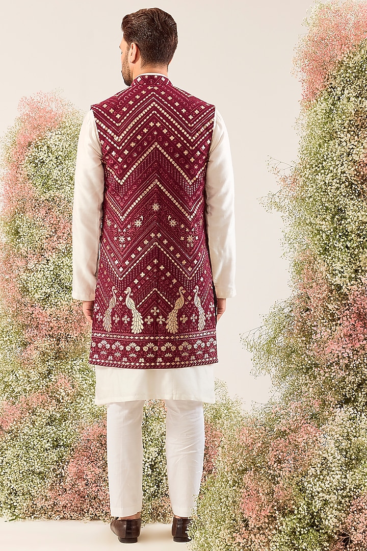 Magenta Georgette Patch Work Long Open Jacket by Kasbah Clothing at Pernia's Pop Up Shop