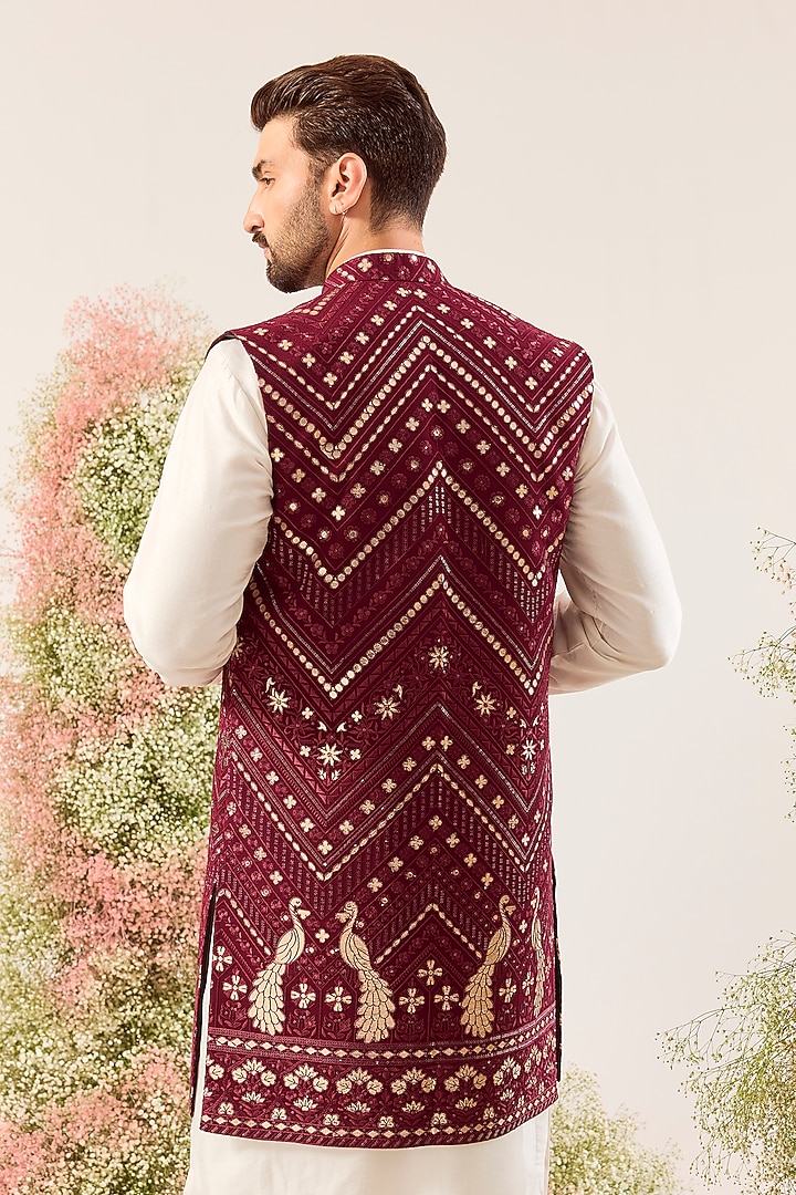 Magenta Georgette Patch Work Long Open Jacket by Kasbah Clothing at Pernia's Pop Up Shop