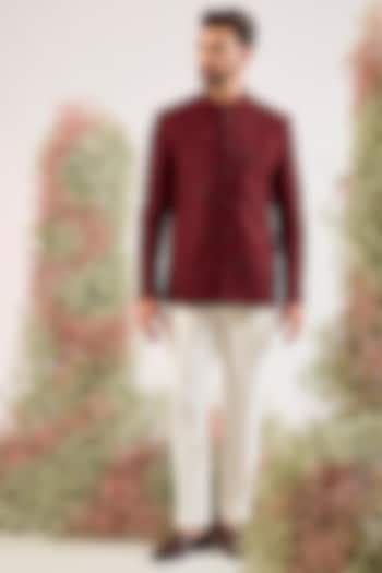 Maroon Silk Cutdana & Floral Embroidered Wedding Bandhgala by Kasbah Clothing at Pernia's Pop Up Shop