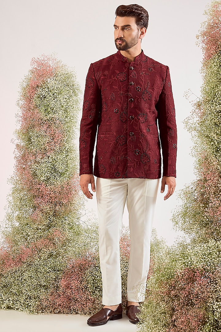 Maroon Silk Cutdana & Floral Embroidered Wedding Bandhgala by Kasbah Clothing at Pernia's Pop Up Shop