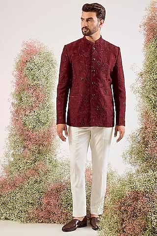 Maroon Silk Cutdana & Floral Embroidered Bandhgala by Kasbah Clothing