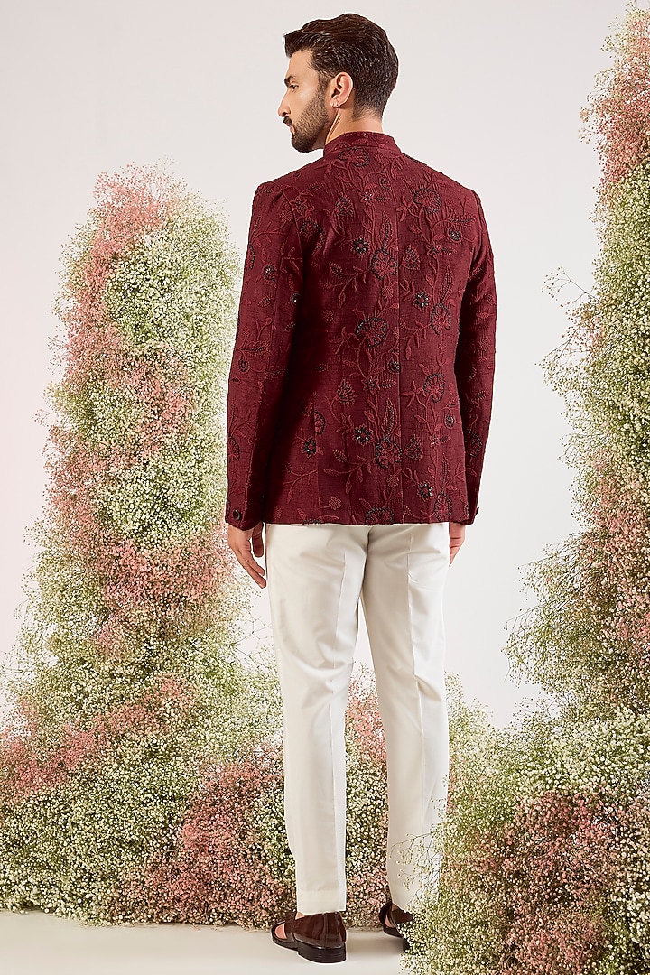 Maroon Silk Cutdana & Floral Embroidered Wedding Bandhgala by Kasbah Clothing at Pernia's Pop Up Shop