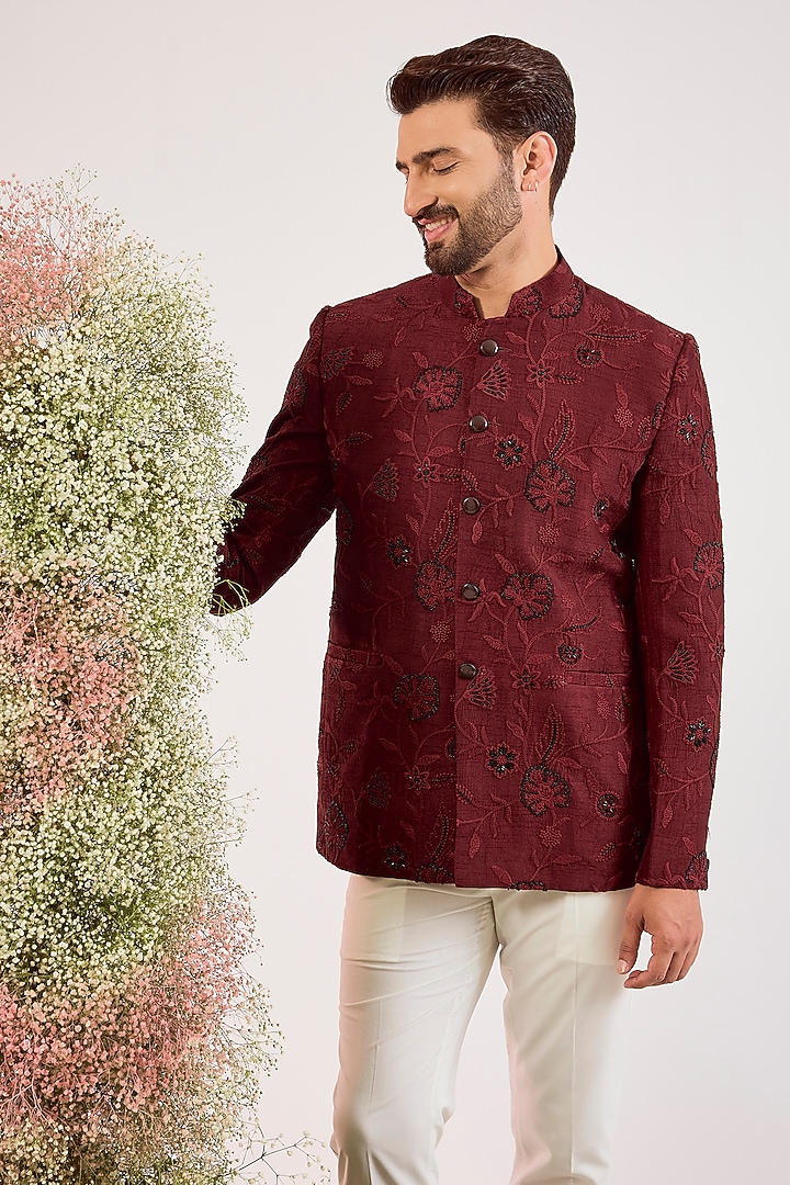 Maroon Silk Cutdana & Floral Embroidered Wedding Bandhgala by Kasbah Clothing at Pernia's Pop Up Shop