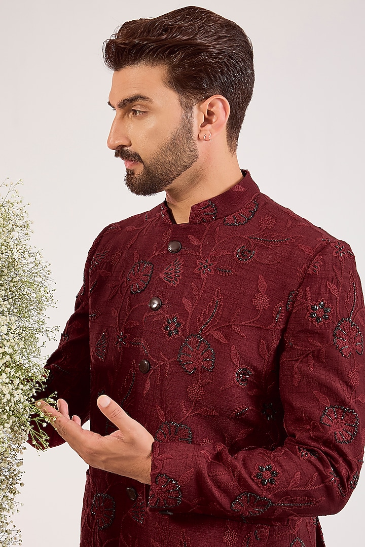 Maroon Silk Cutdana & Floral Embroidered Wedding Bandhgala by Kasbah Clothing at Pernia's Pop Up Shop