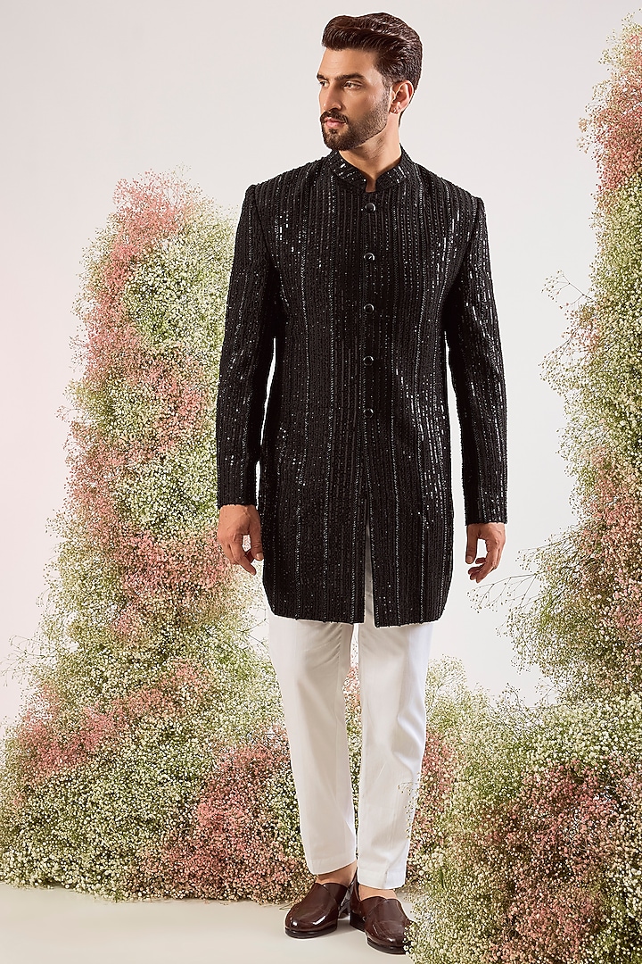 Black Silk Cutdana Work Wedding Indowestern by Kasbah Clothing at Pernia's Pop Up Shop