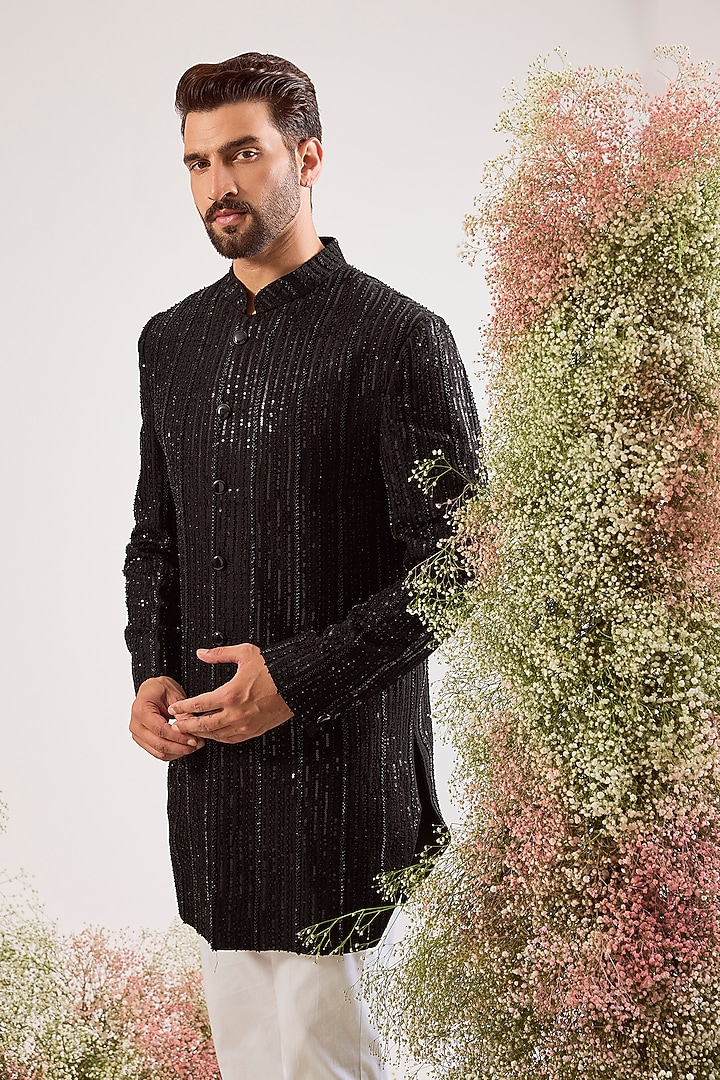 Black Silk Cutdana Work Wedding Indowestern by Kasbah Clothing at Pernia's Pop Up Shop