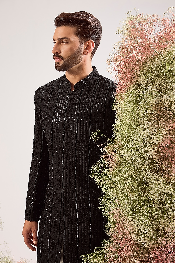 Black Silk Cutdana Work Wedding Indowestern by Kasbah Clothing at Pernia's Pop Up Shop