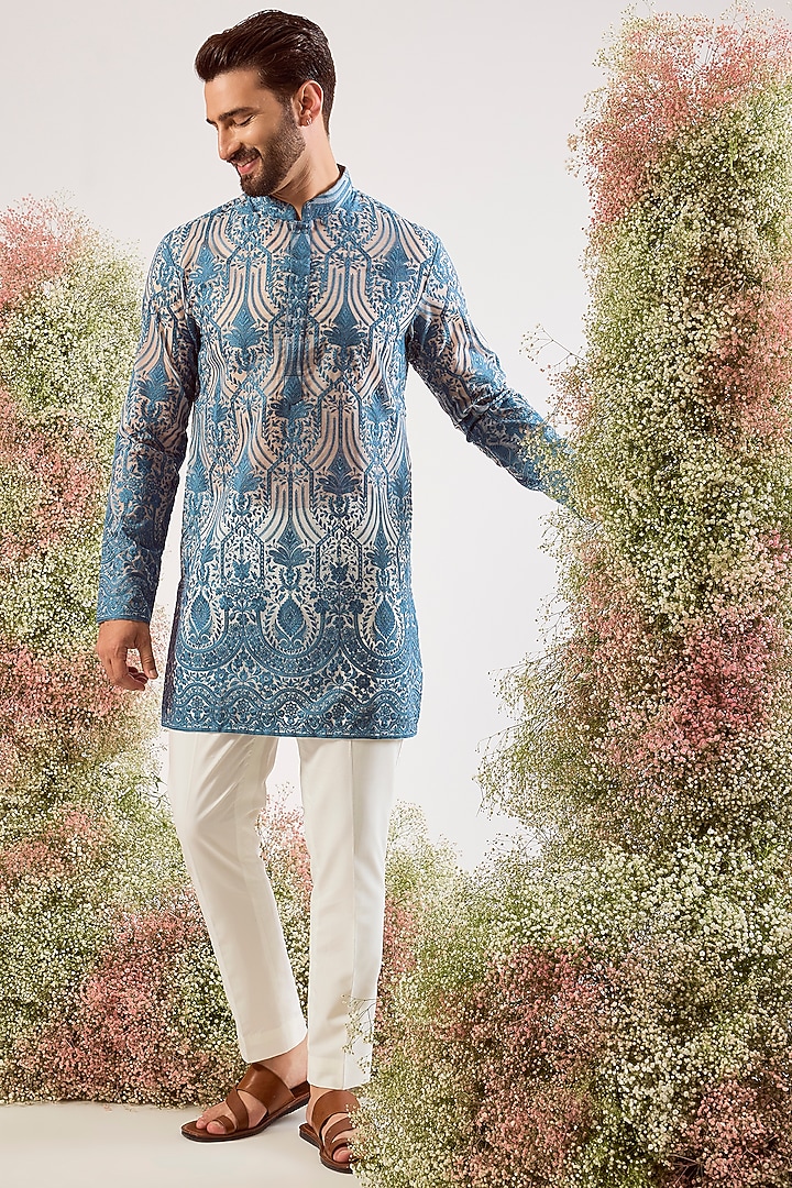 Blue Organza Chikankari Work Kurta by Kasbah Clothing at Pernia's Pop Up Shop