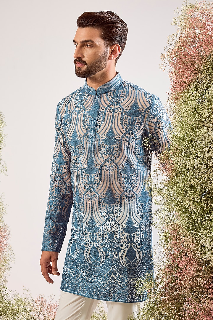 Blue Organza Chikankari Work Kurta by Kasbah Clothing at Pernia's Pop Up Shop