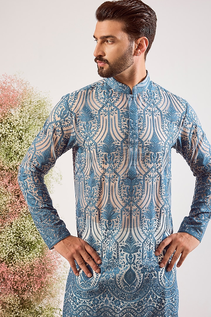 Blue Organza Chikankari Work Kurta by Kasbah Clothing at Pernia's Pop Up Shop
