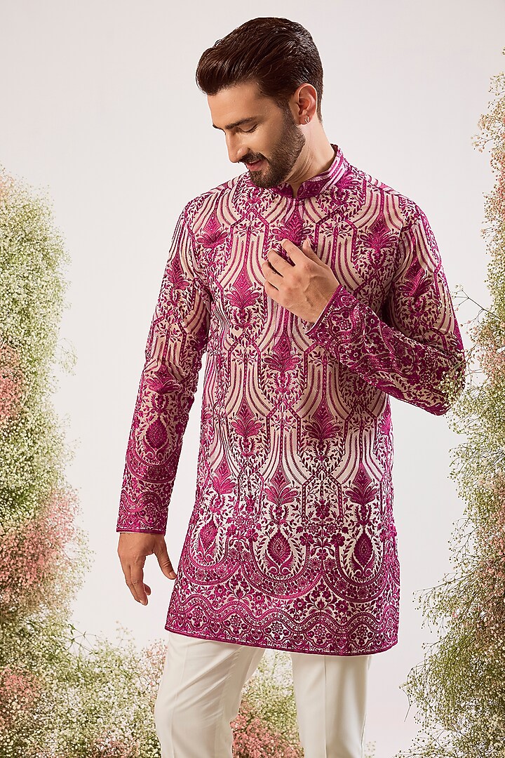 Magenta Georgette Chikankari Work Kurta by Kasbah Clothing at Pernia's Pop Up Shop