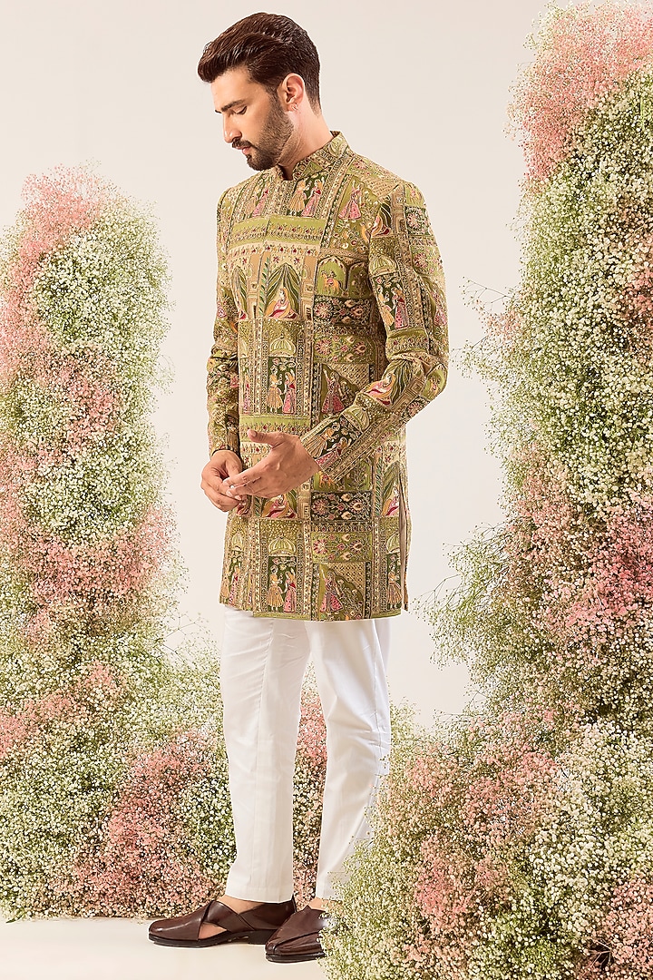Green Georgette Zari & Sequin Work Wedding Indowestern by Kasbah Clothing at Pernia's Pop Up Shop