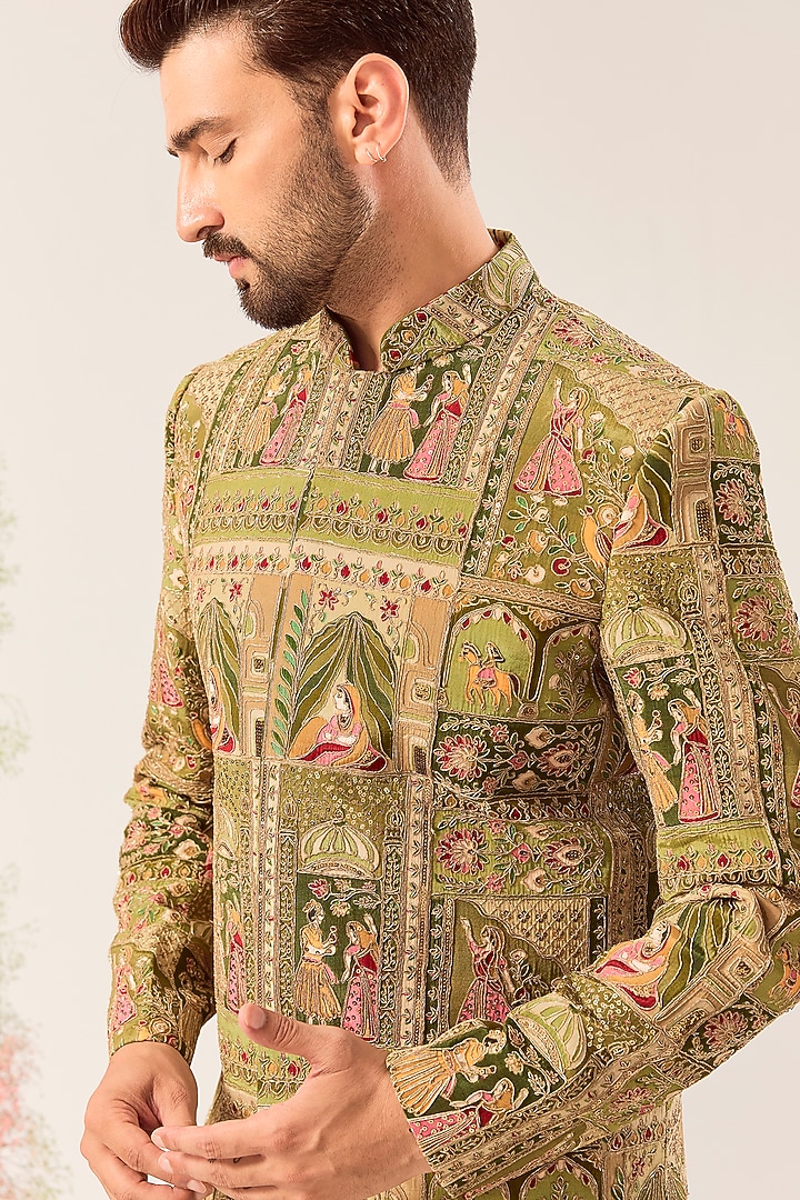 Green Georgette Zari & Sequin Work Wedding Indowestern by Kasbah Clothing at Pernia's Pop Up Shop