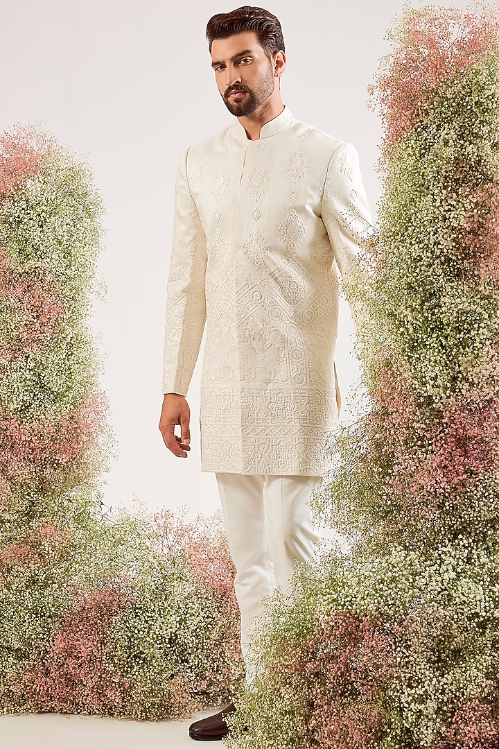 Cream Silk Thread Work Wedding Sherwani by Kasbah Clothing at Pernia's Pop Up Shop