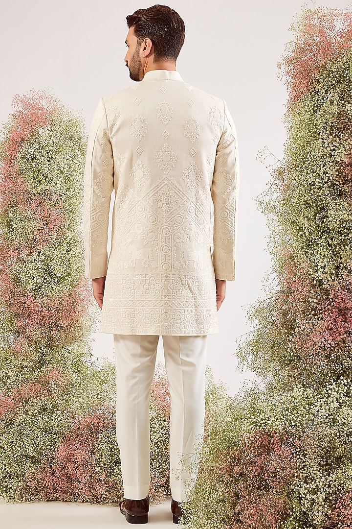 Cream Silk Thread Work Wedding Sherwani by Kasbah Clothing at Pernia's Pop Up Shop