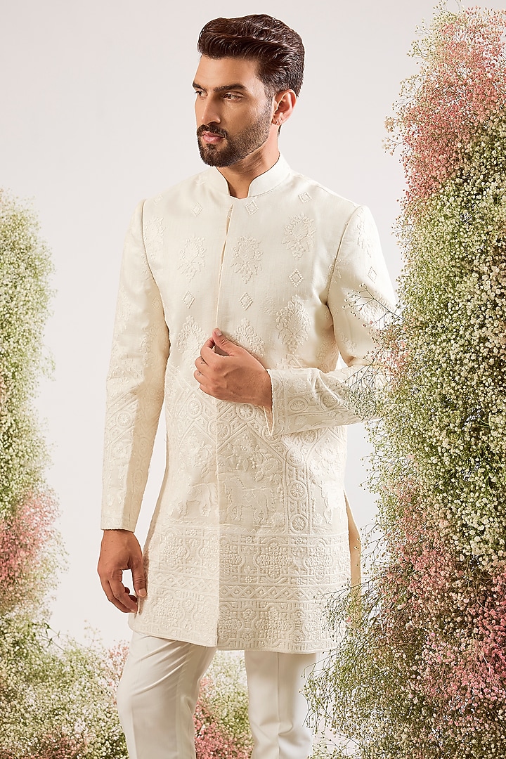 Cream Silk Thread Work Wedding Sherwani by Kasbah Clothing at Pernia's Pop Up Shop