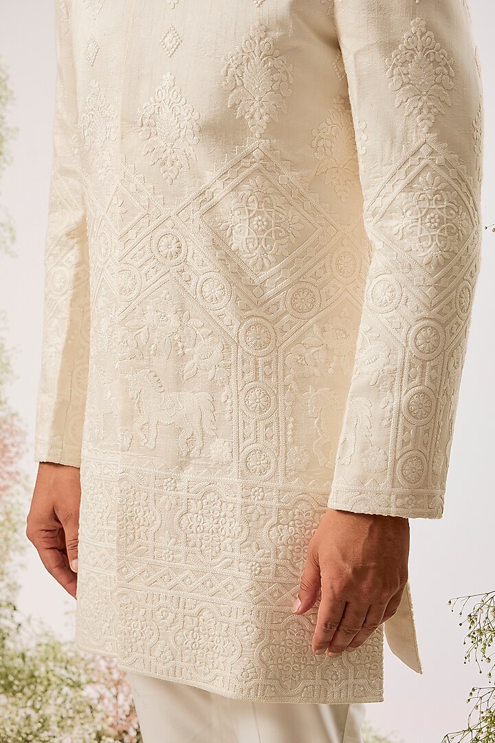Cream Silk Thread Work Wedding Sherwani by Kasbah Clothing at Pernia's Pop Up Shop