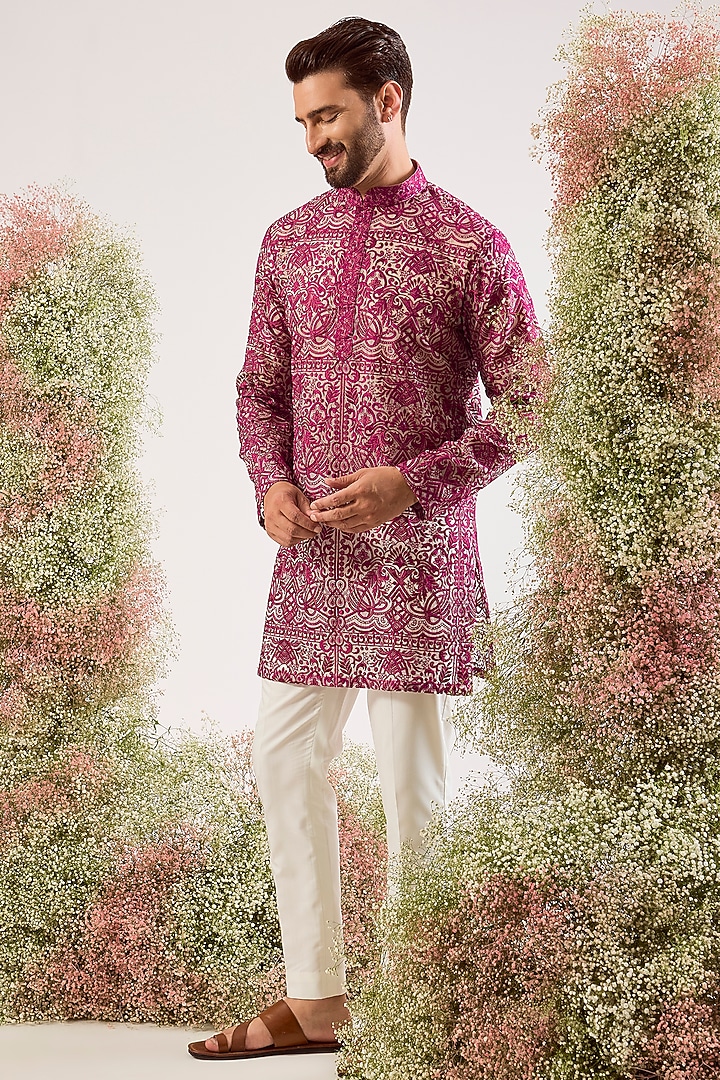 Magenta Organza Chikankari Work Kurta by Kasbah Clothing at Pernia's Pop Up Shop