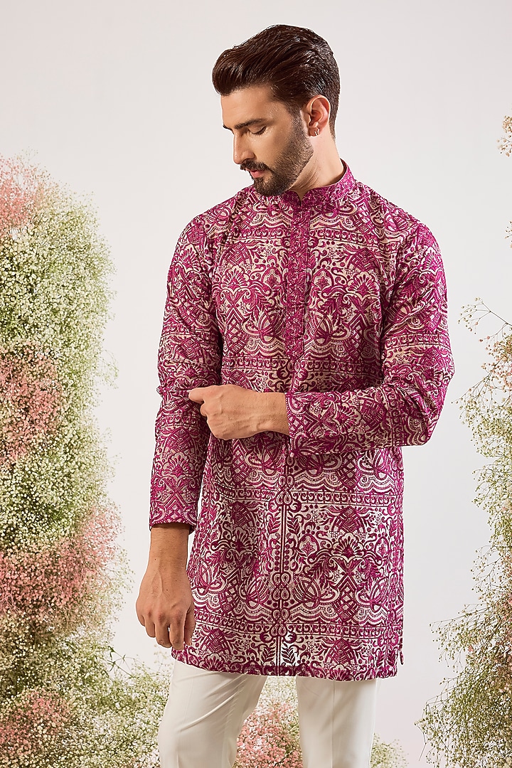 Magenta Organza Chikankari Work Kurta by Kasbah Clothing at Pernia's Pop Up Shop