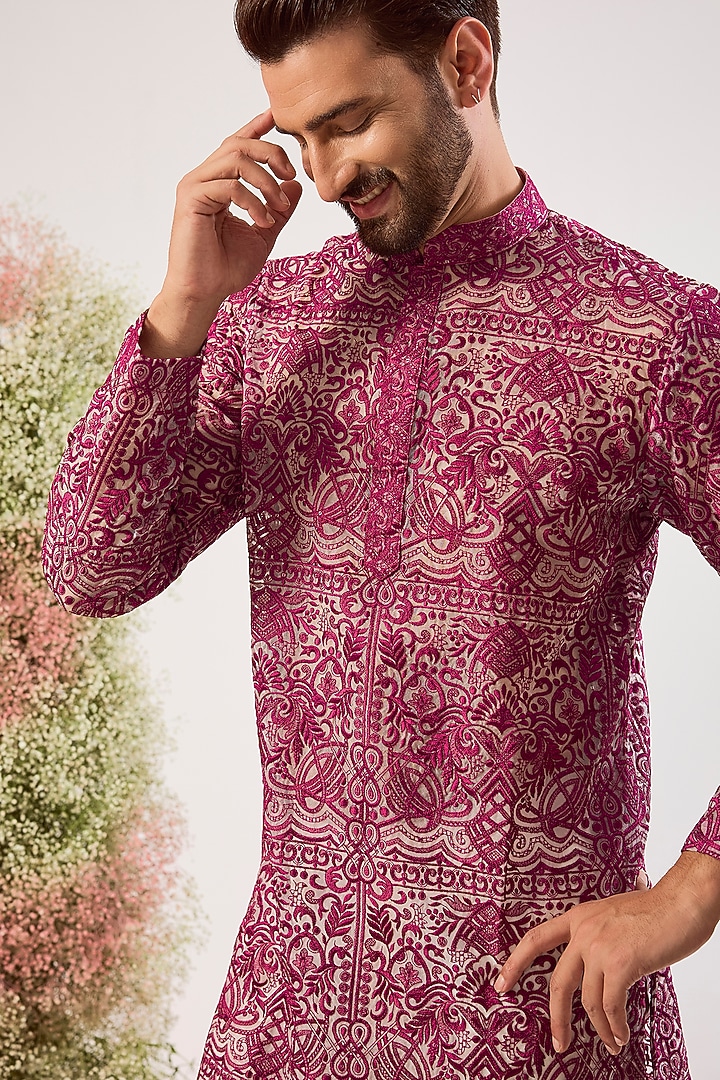 Magenta Organza Chikankari Work Kurta by Kasbah Clothing at Pernia's Pop Up Shop