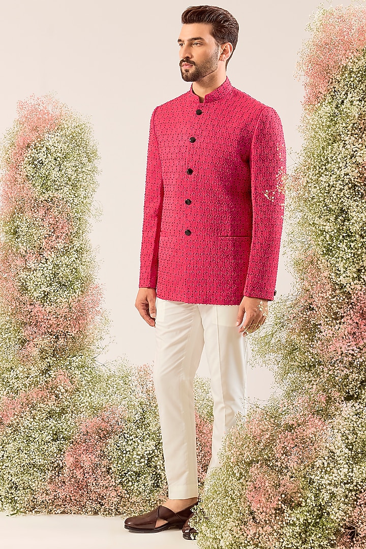 Hot Pink Silk Cutdana Work Wedding Bandhgala by Kasbah Clothing at Pernia's Pop Up Shop