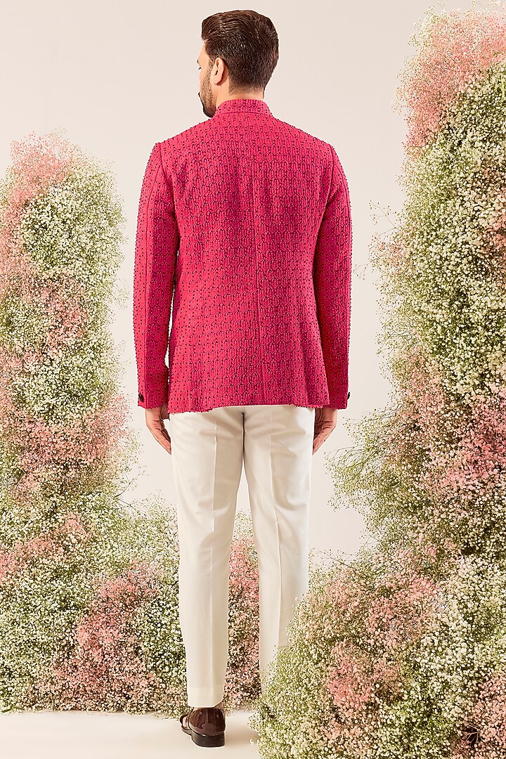 Hot Pink Silk Cutdana Work Wedding Bandhgala by Kasbah Clothing at Pernia's Pop Up Shop