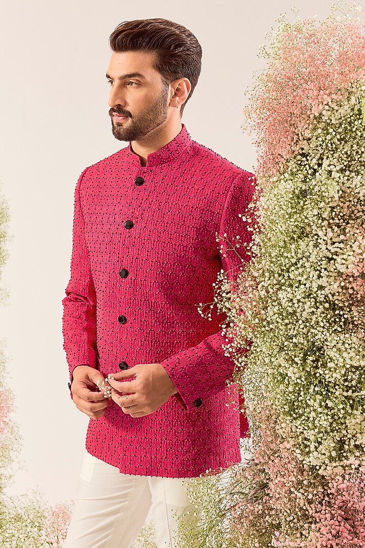 Hot Pink Silk Cutdana Work Wedding Bandhgala by Kasbah Clothing at Pernia's Pop Up Shop