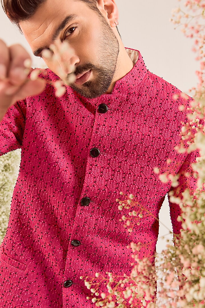 Hot Pink Silk Cutdana Work Wedding Bandhgala by Kasbah Clothing at Pernia's Pop Up Shop