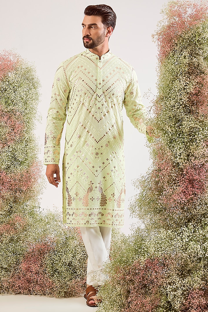 Pastel Green Georgette Patch Work Kurta by Kasbah Clothing at Pernia's Pop Up Shop