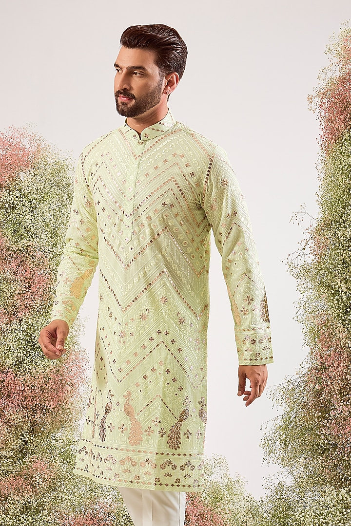 Pastel Green Georgette Patch Work Kurta by Kasbah Clothing at Pernia's Pop Up Shop